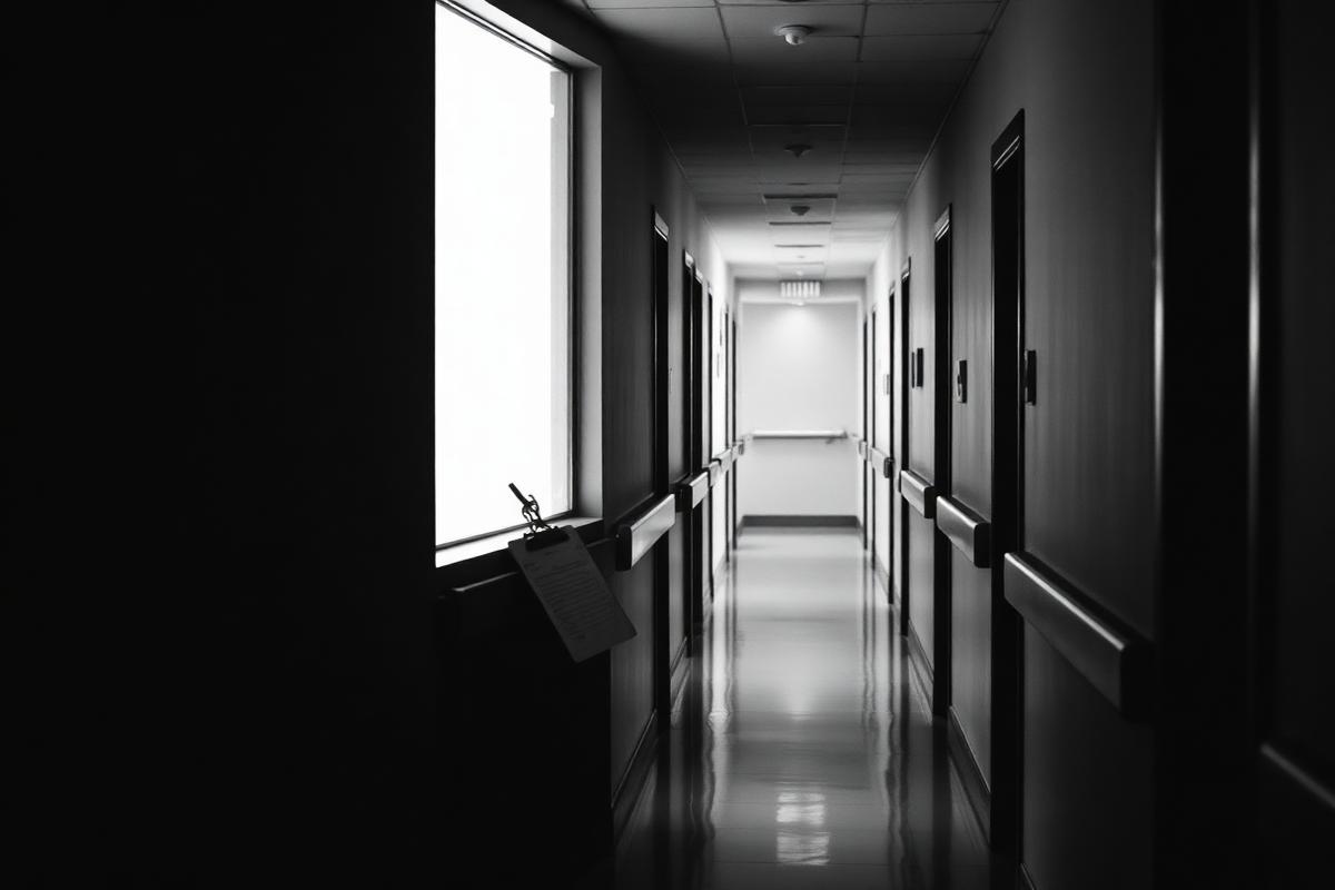 Corredor hospitalar em preto e branco com prancheta de prontuário junto a uma janela