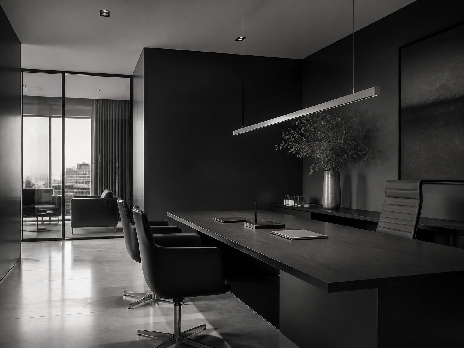 Sala de reuniões do escritório GMAX Advocacia, em tons de preto, branco e prata
